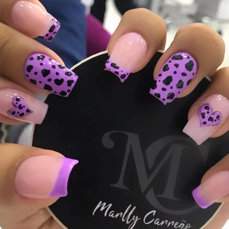 Strong nail glue-Wholesale Purple Heart Leopard Print Nail Stickers