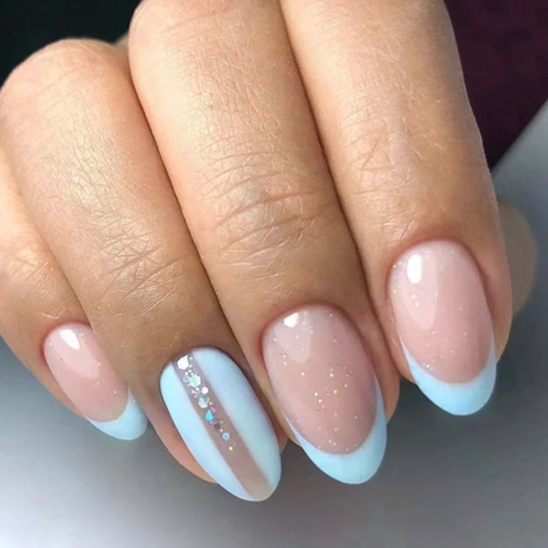 Travel-friendly nail holder-Wholesale Almond Nail Light Blue Nail Stickers