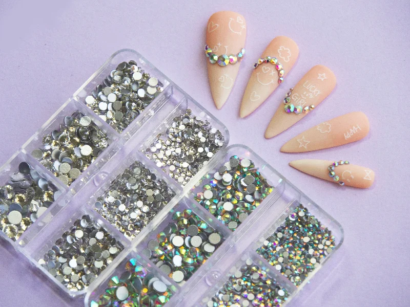 Shimmery nail art decals-1000pcs Mixed sizes Clear&AB rhinestone/ Non Hot fix flat back nail Art Deco