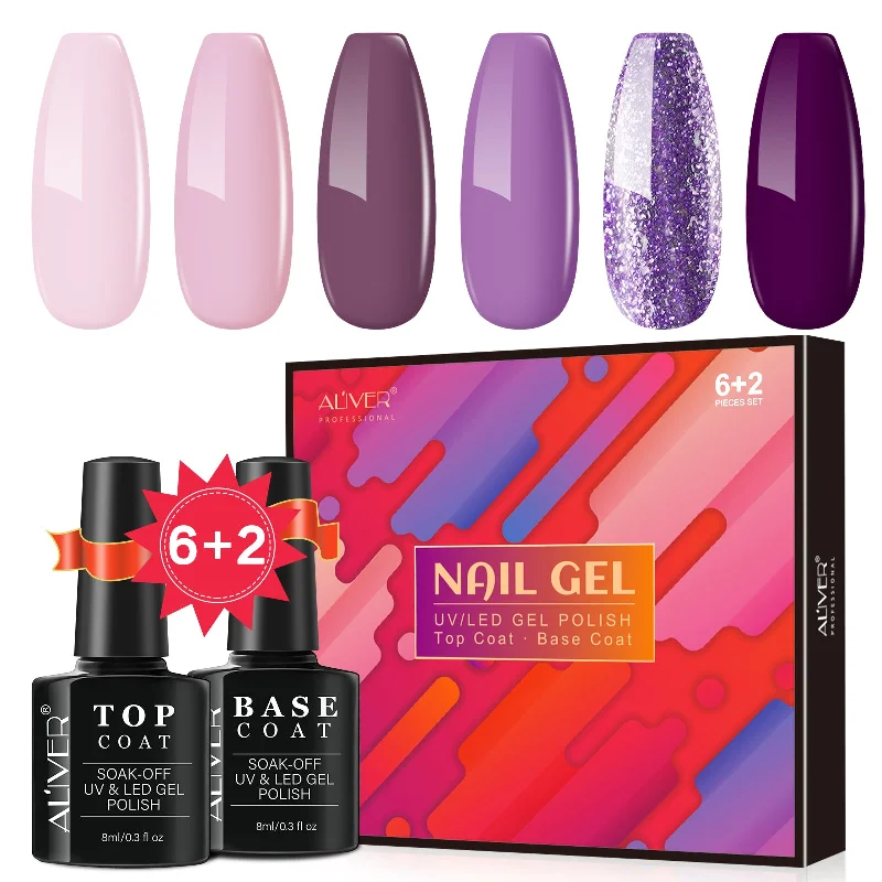 Shiny nail varnish top coat-Aliver gel nail polish set, Queen's Hit  with top and base coat - 6 Colors