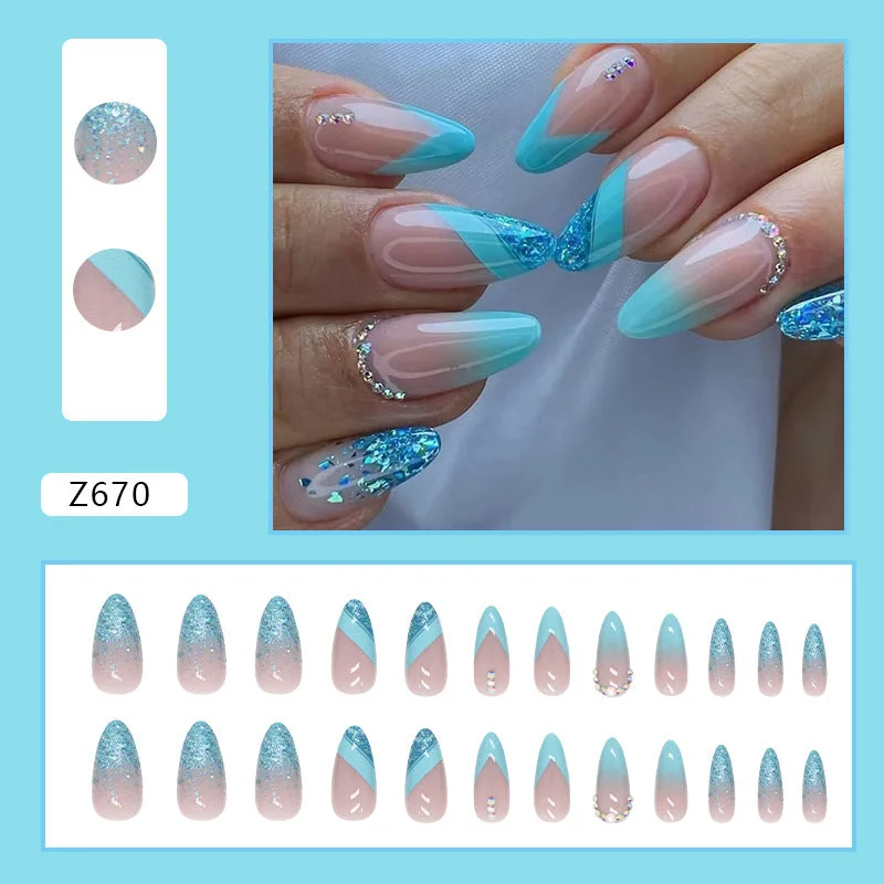 Premium nail acrylic-Wholesale Almond Shaped Blue Crush Diamond Glitter Powder Nail Stickers