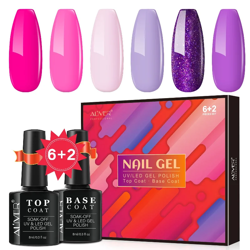 Long-wear nail sealant-Aliver gel nail polish set, Pink Steam with top and base coat - 6 Colors