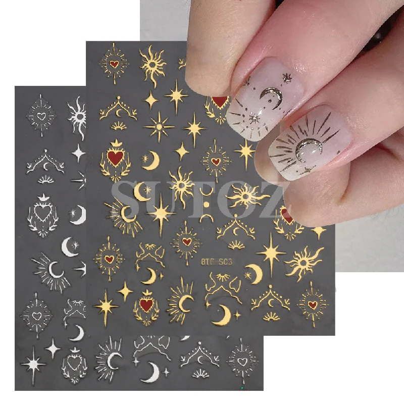 Sparkle nail art toppers-Wholesale 3D Foil Stamping Sun Moon Plastic Nail Stickers