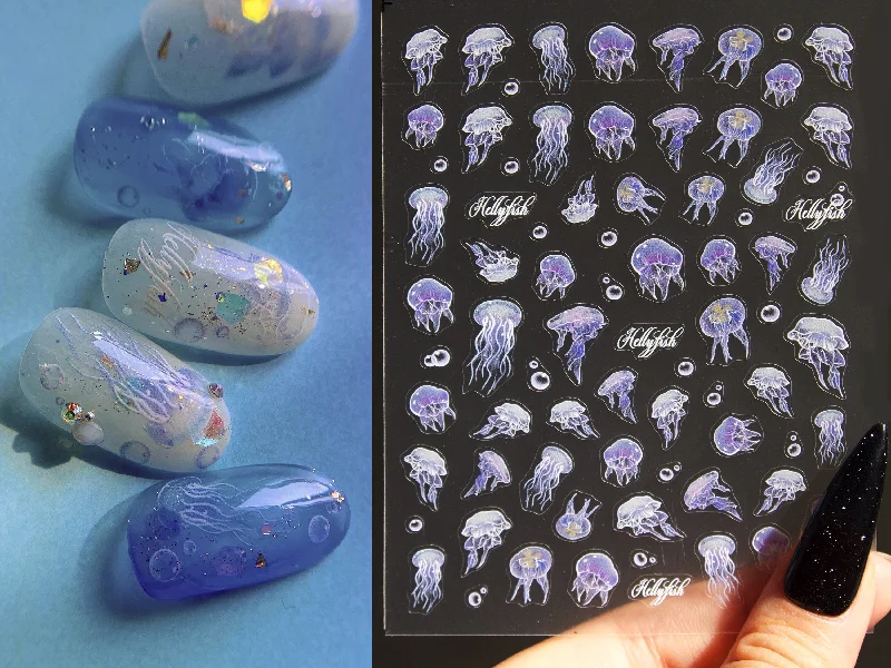 Protective nail gel finish-Jellyfish Nail Art Decal Sticker /Purple Ocean theme Sea World Animal Peel off stickers