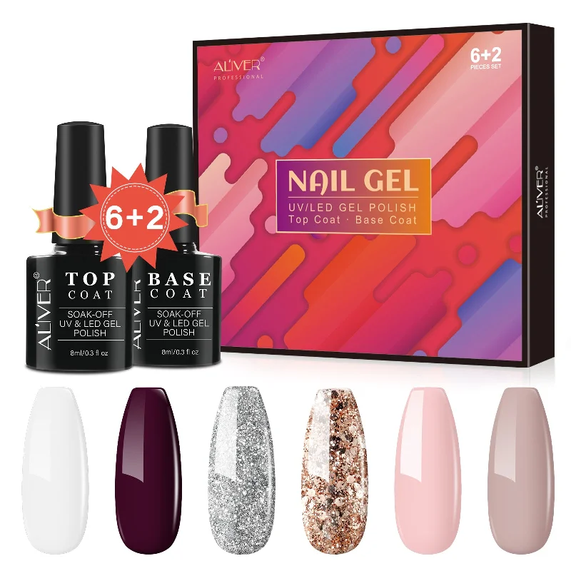 Scented nail varnish-Aliver gel nail polish set, Warm Wood  with top and base coat - 6 Colors