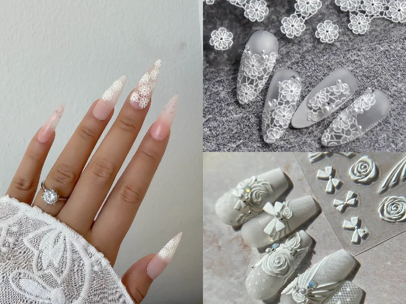 Anti-chip nail varnish-Bridal Wedding White Floral Lace 3D Embossed Nail Stickers