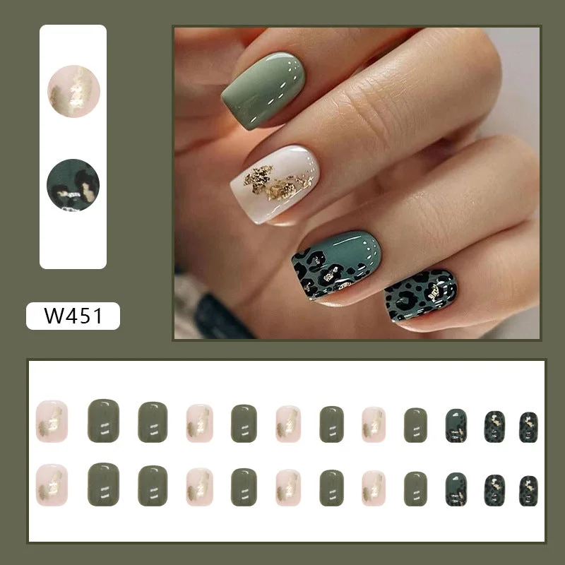 Acetone-free nail remover liquid-Wholesale Short Fresh Green Leopard Fashion Gold Foil Nail Stickers