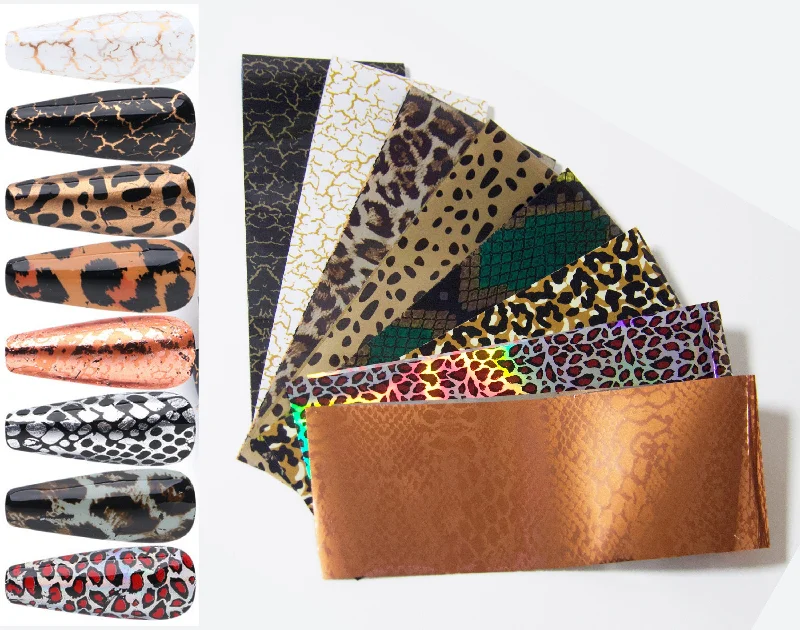 Compact nail storage rack-8pcs Animal Print Metallic Transfer Film Foil Nail Art Sticker Decal/ Leopard Snake Cracked DIY nail transferring Accent nails