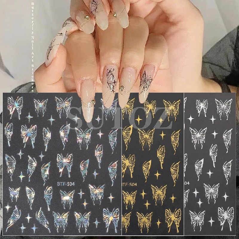 Anti-fade nail top coat-Wholesale Liquid Metal Butterfly Plastic Nail Stickers