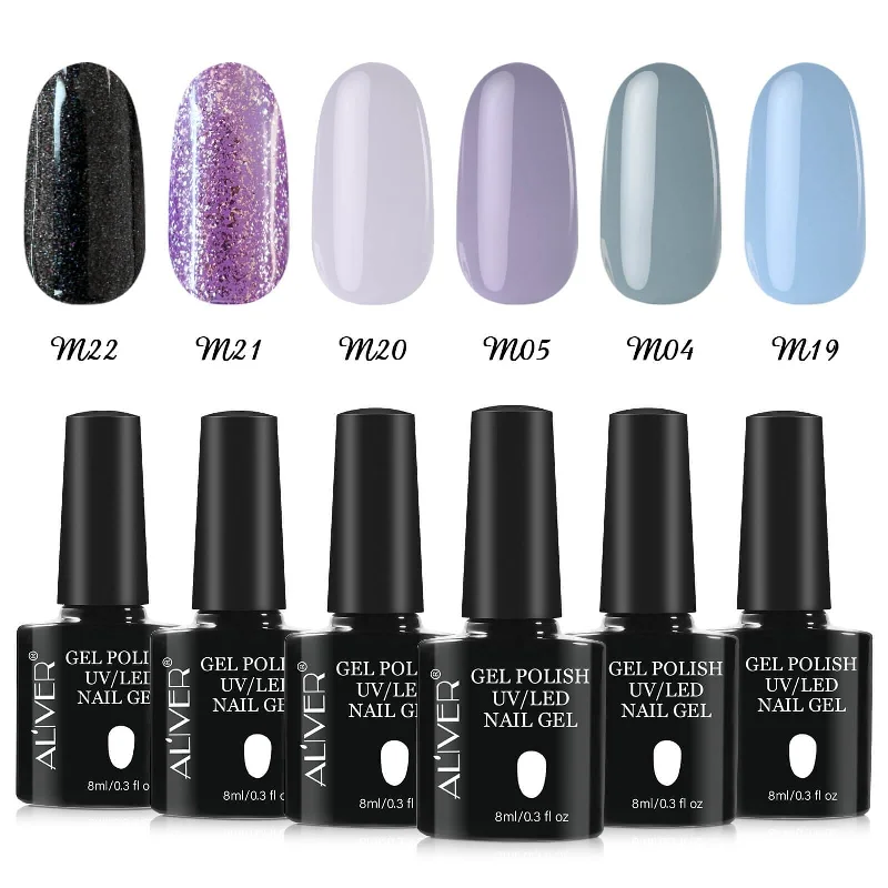 Fast-acting nail glue-Aliver Mysterious Black Sparkle Gel Nail Polish Set - 6 Colors