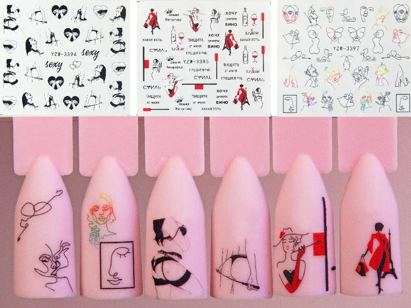 Breathable nail polish sealant-Sexy Girl Water Transfer Sticker/ Face Line Art Abstract pattern nail Tattoo