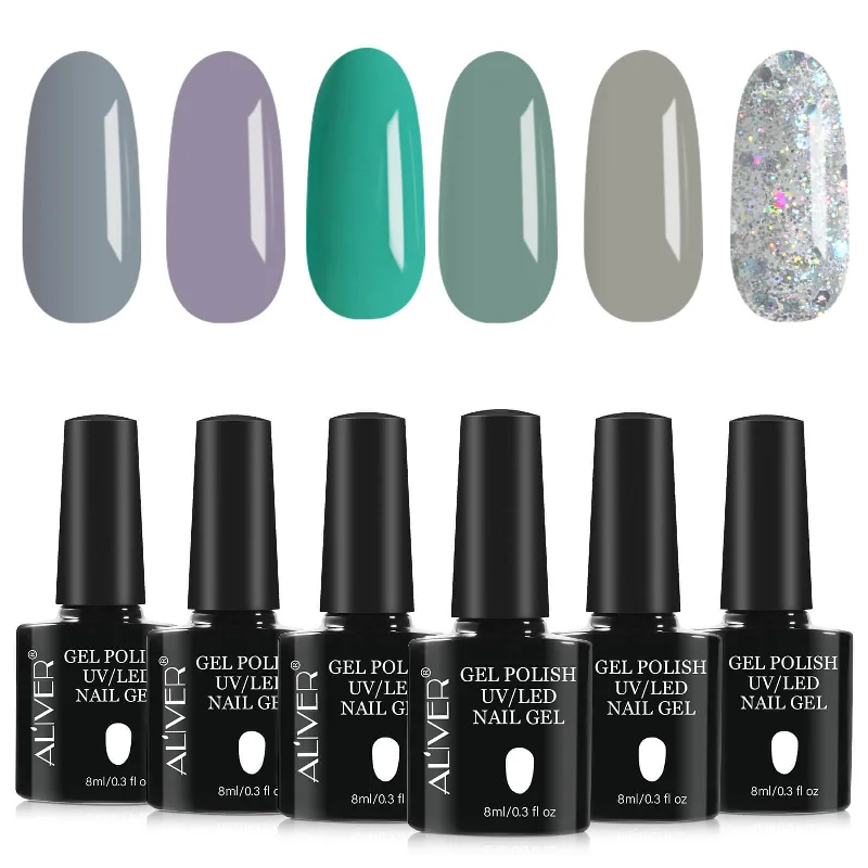 Shimmery nail art toppers-Aliver Tiffany Blue Sparkle Gel Nail Polish Set - 6 Colors