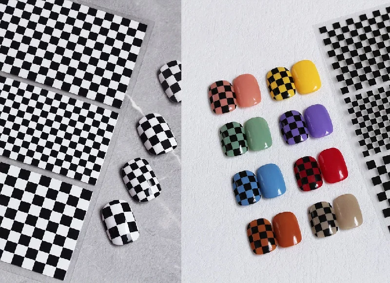 Scented nail varnish-Black and White Checkered Plaid Pattern Nail Art Sticker/ Square Grids Peel Off Tips Stickers