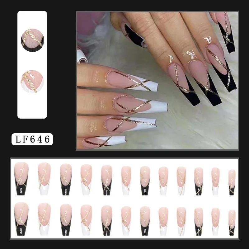 Metallic nail art designs-Wholesale Black and White Geometric Gold Strip Plastic False Nail Patches