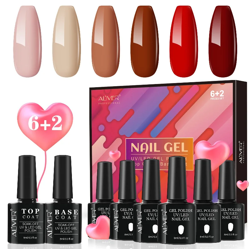 Gel nail polish removal-Aliver gel nail polish set, Love Express with top and base coat - 6 Colors