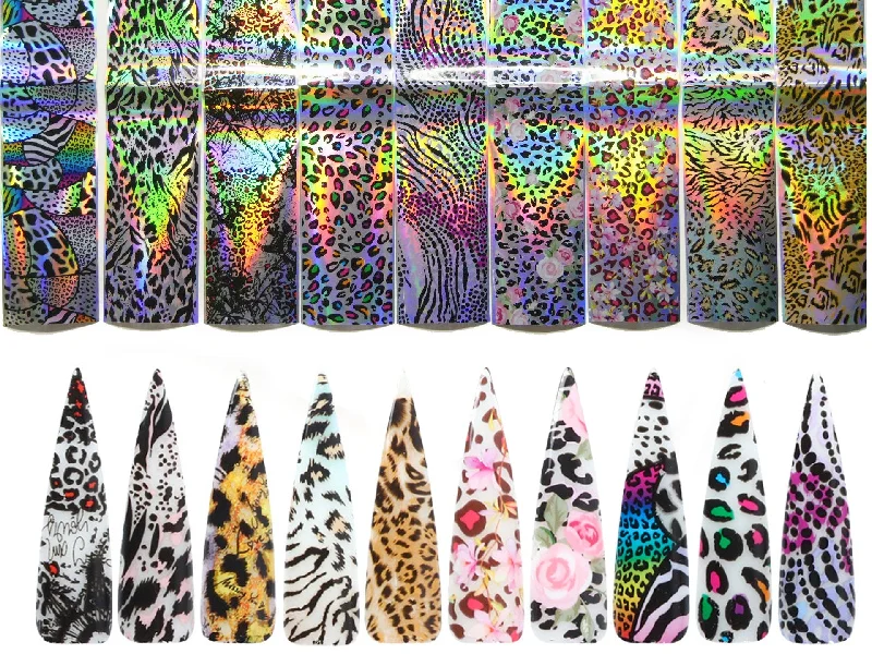 Fast-acting nail adhesive-10 pcs Leopard Print Metallic transfer paper Foil Nail Art Sticker Decal/ Animal pattern DIY Golden nail transferring mirrored foil design