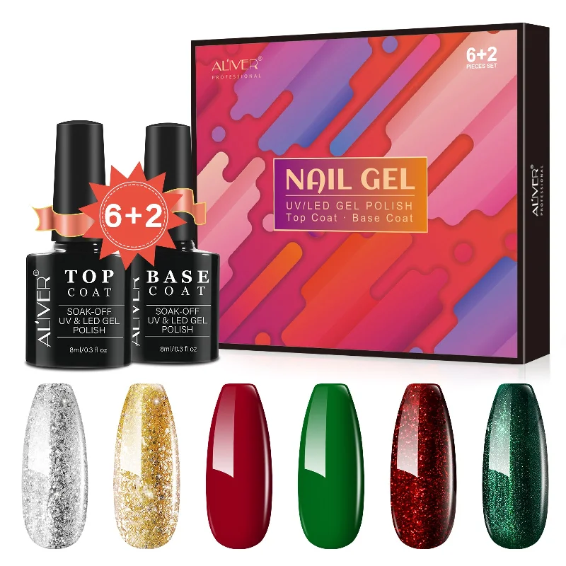 Eco-friendly nail gel polish-Aliver gel nail polish set, Merry Christmas  with top and base coat - 6 Colors