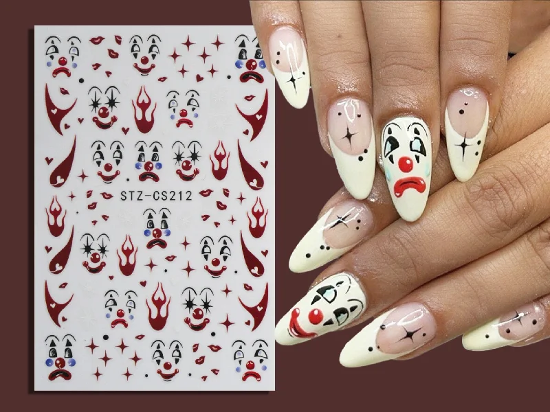 Two-tone nail polish kits-Spooky Clown Face Halloween Nail Sticker