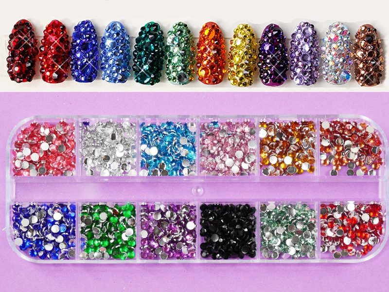 Long-wear nail varnish-12 grids Rhinestones For Nails Art Decorations / multi colored flat crystal nail art decal