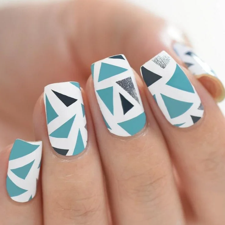 Long-lasting nail dip-Nail Polish Stickers Geometric Blue & Silver