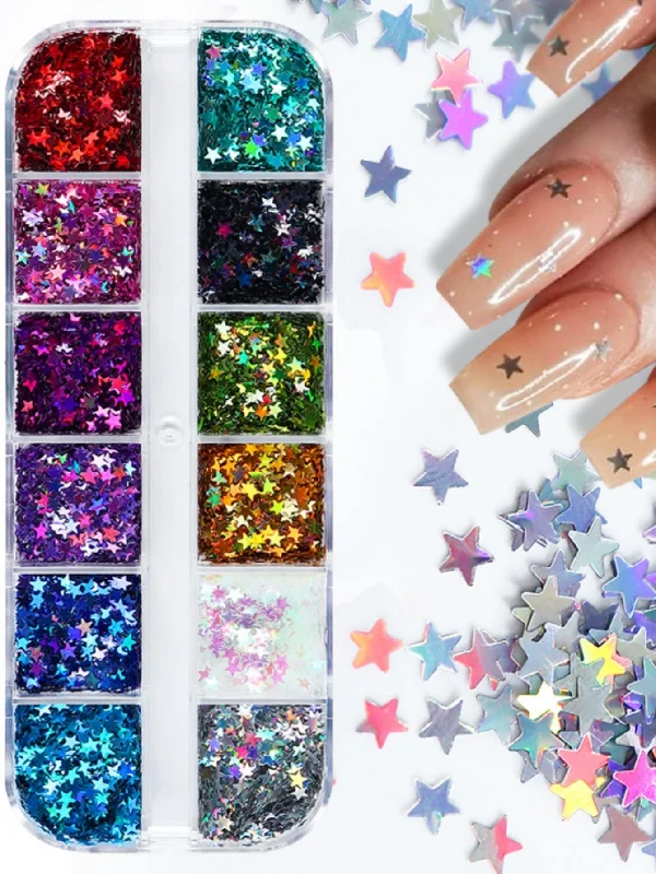 Ombre nail gel shades-12 Grid Holographic Star Design Nail Art Sequins