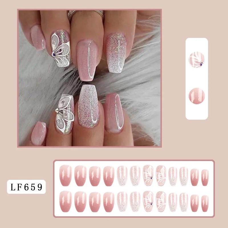 Travel-size nail case-Wholesale Pink Gradient Glitter Plastic Fake Nail Patches