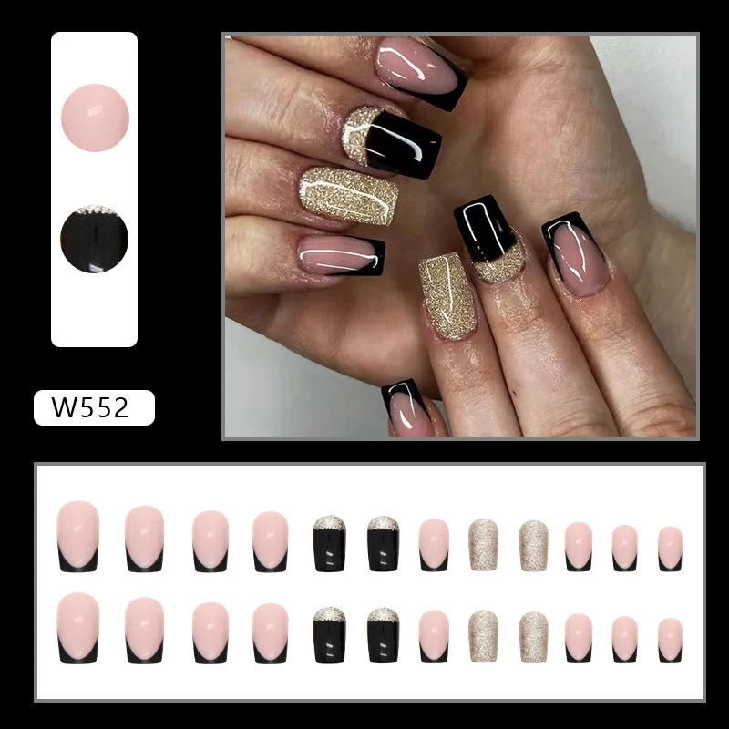 Diamond nail art decorations-Wholesale medium length European square burst gold powder black French Nail Stickers