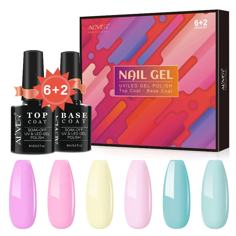 Breathable nail gel top coat-Aliver gel nail polish set, Candy Dream  with top and base coat - 6 Colors