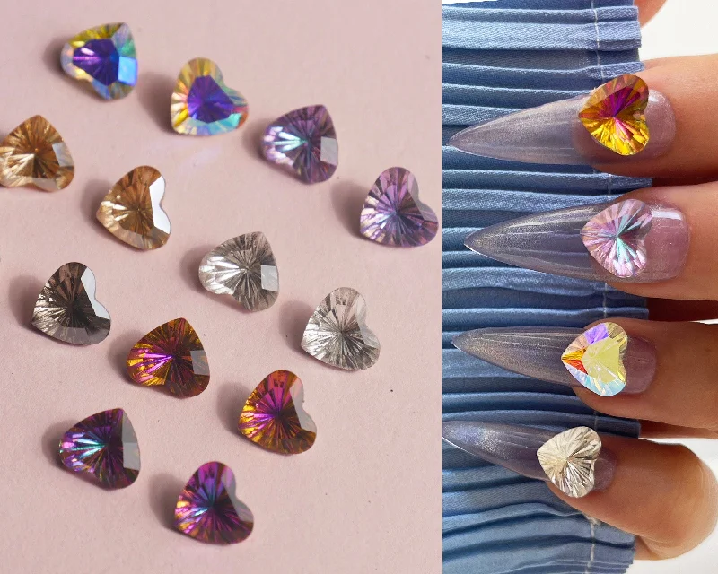 Fast-cure nail gloss-2pcs Aurora Iridescent Heart 3D Nail Ornament Decal/ Shine Heart Diamond Nail Jewelry Studs