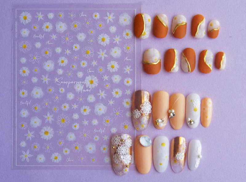 Shimmery nail art toppers-White Daisy flower Nail Art Sticker Peel off daisies Stickers/ Chrysanthemum Oxeye Bouquet flower Manicure Nail Supply Ultra thin decal