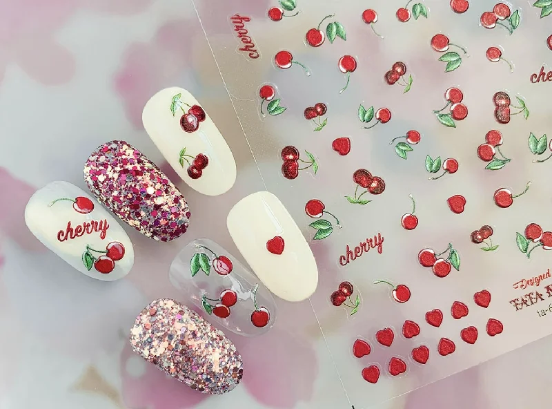 Compact nail storage rack-Cherry Fruity Nail Art Sticker/ 3D fruits DIY Tips Guides peel off  Stickers/Red Cherries Yellow Banana fruit nail decal