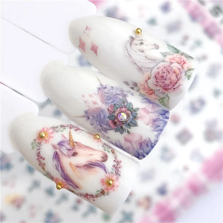 Soft nail gel finish-Fairy Unicorn nail sticker/ 1 Sheet 3D Nail Art Stickers Self Adhesive Decals